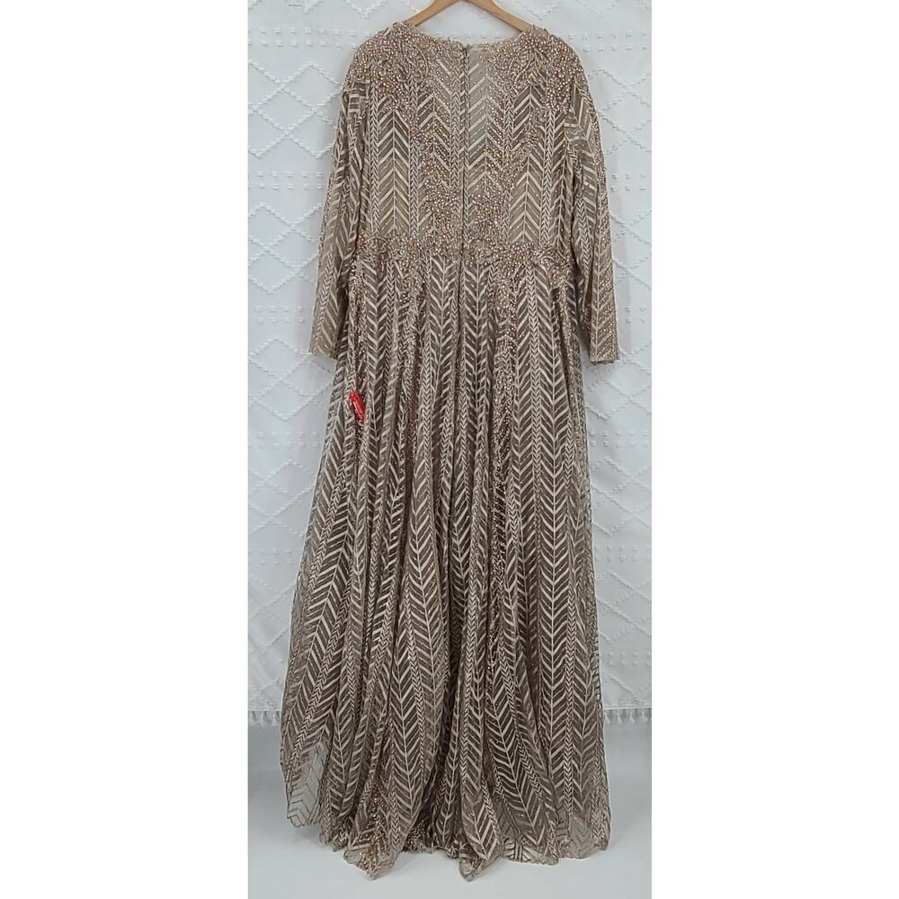 Mac Duggal 20189 Chevron Embellished Long Sleeve Gown Taupe Size 16 Formal - Picture 5 of 16